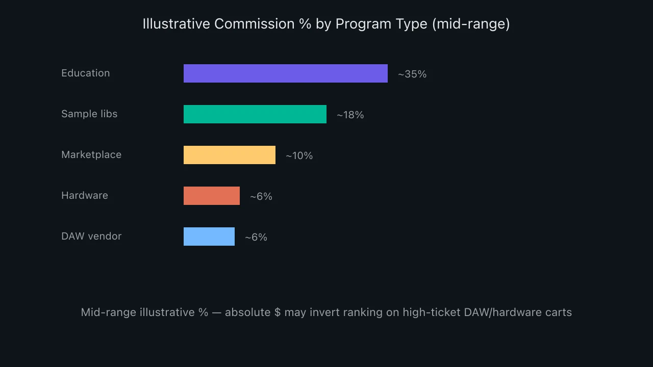 Bar chart comparing illustrative commission percentages across five audio affiliate program types
