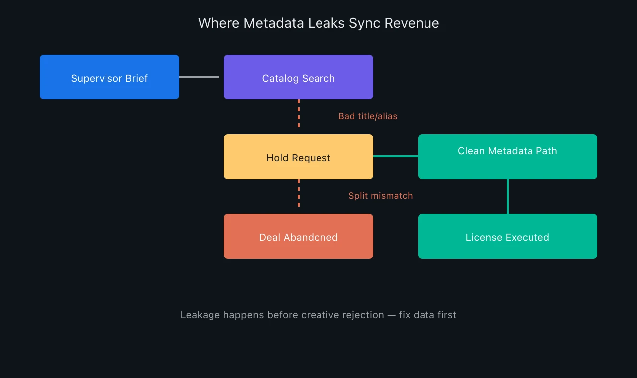 Diagram showing how music publishing metadata errors cause sync revenue leakage