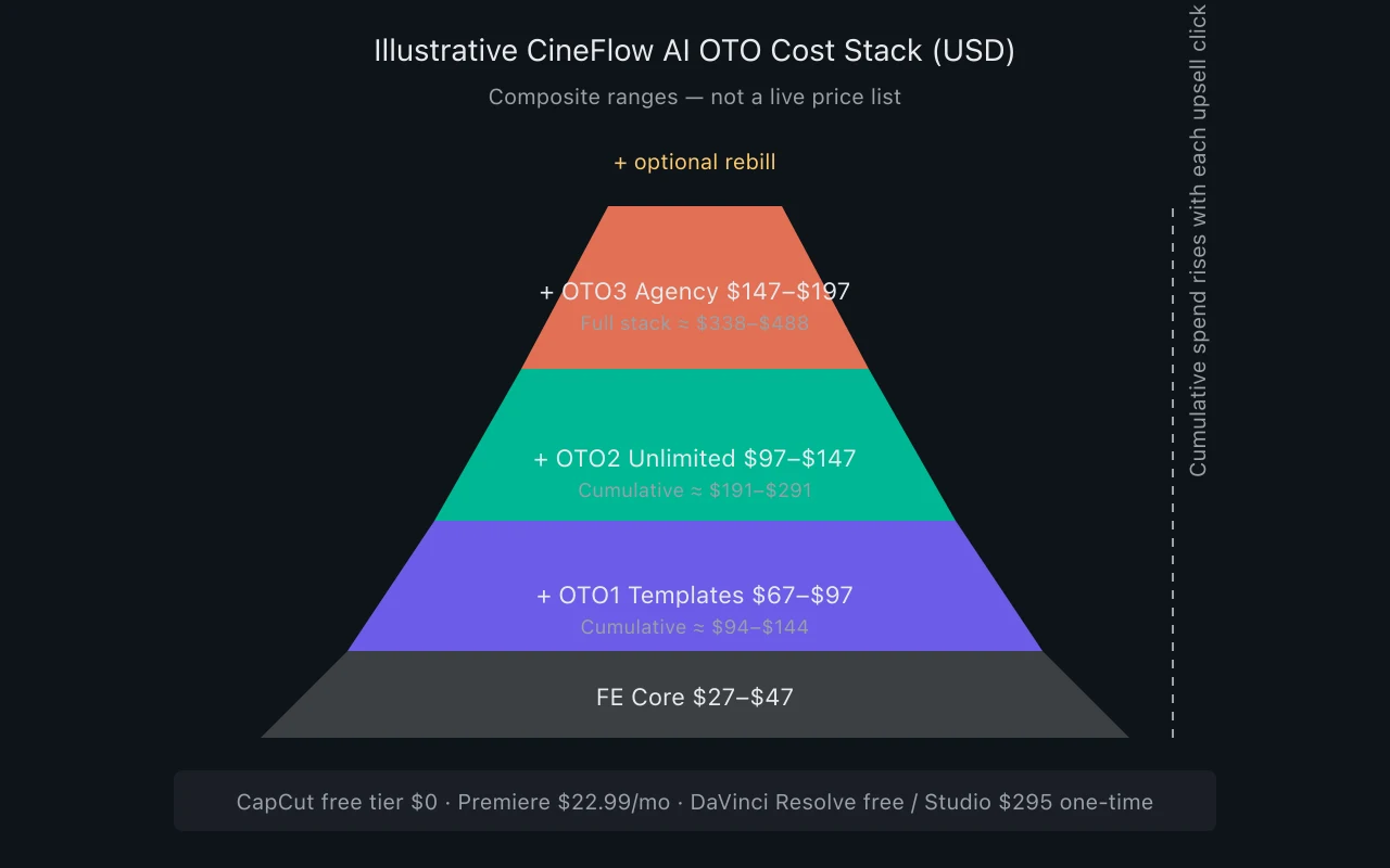 Stacked funnel diagram showing cumulative cost from front-end through OTO3 for a hypothetical CineFlow AI launch