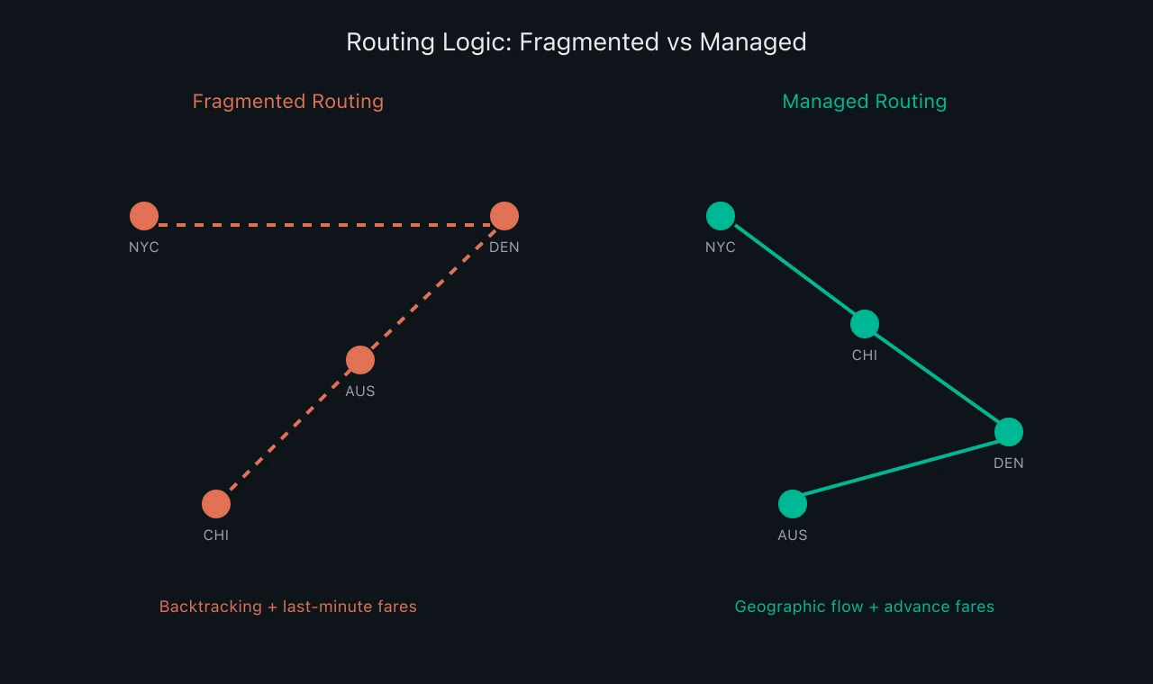 Diagram comparing zigzag tour routing vs optimized routing for travel savings