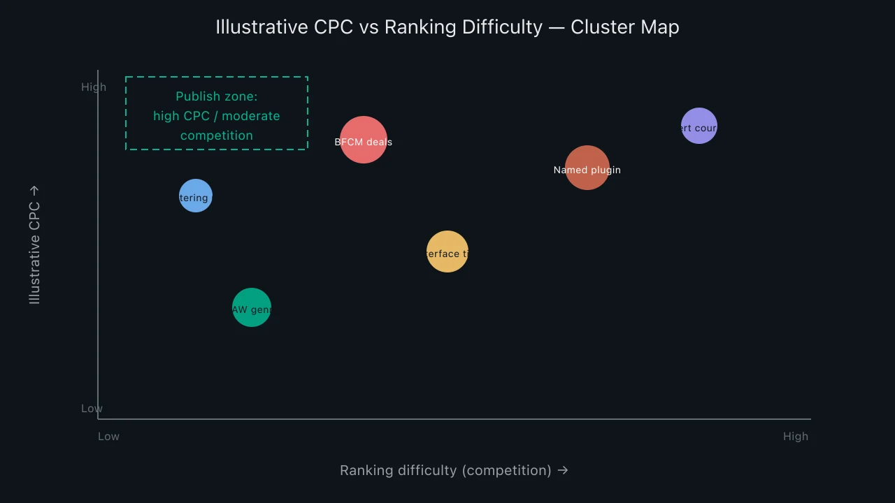 Scatter plot of illustrative CPC versus ranking difficulty for music production keyword clusters