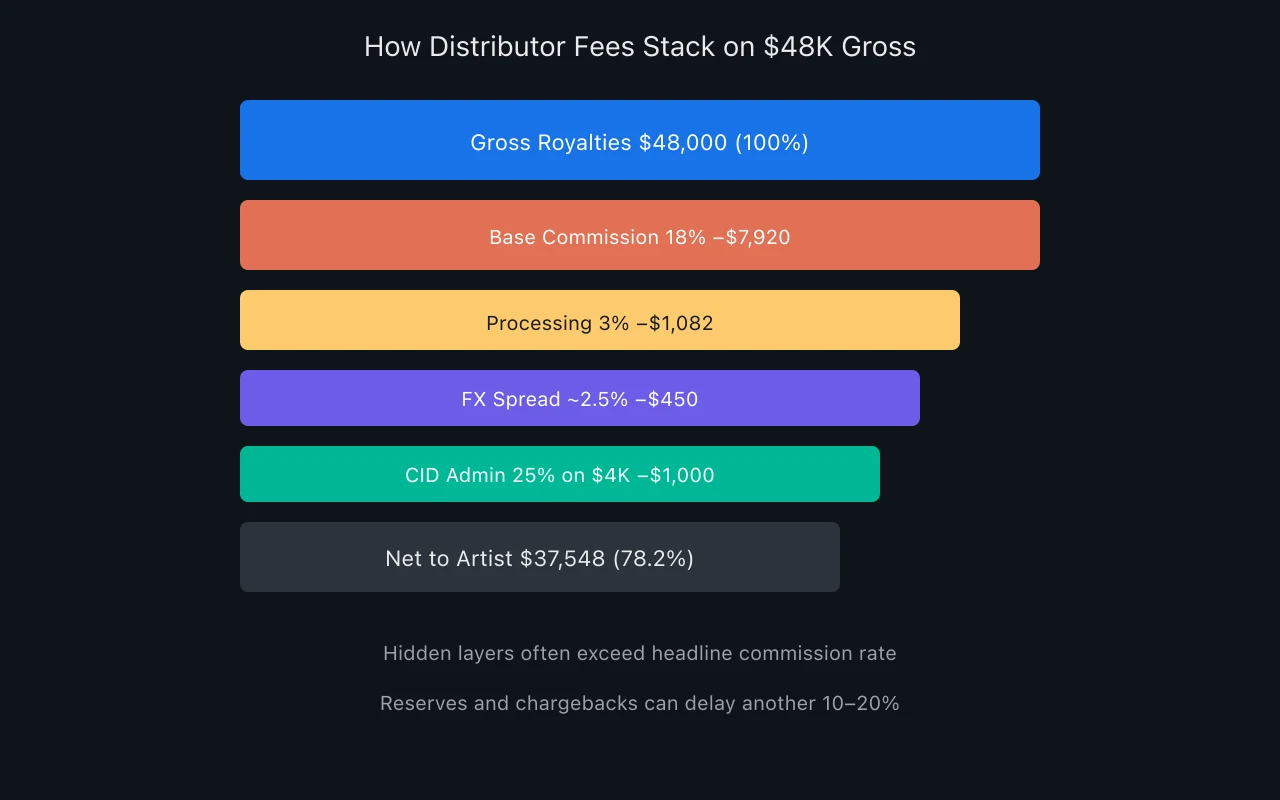 Layered diagram showing how music distributor royalty fees stack on gross income