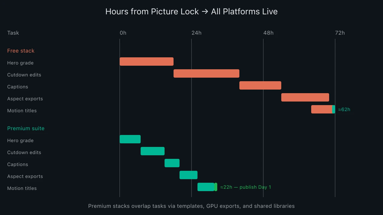 Gantt-style chart comparing hours from picture lock to social publish using free stack versus premium creative video suite