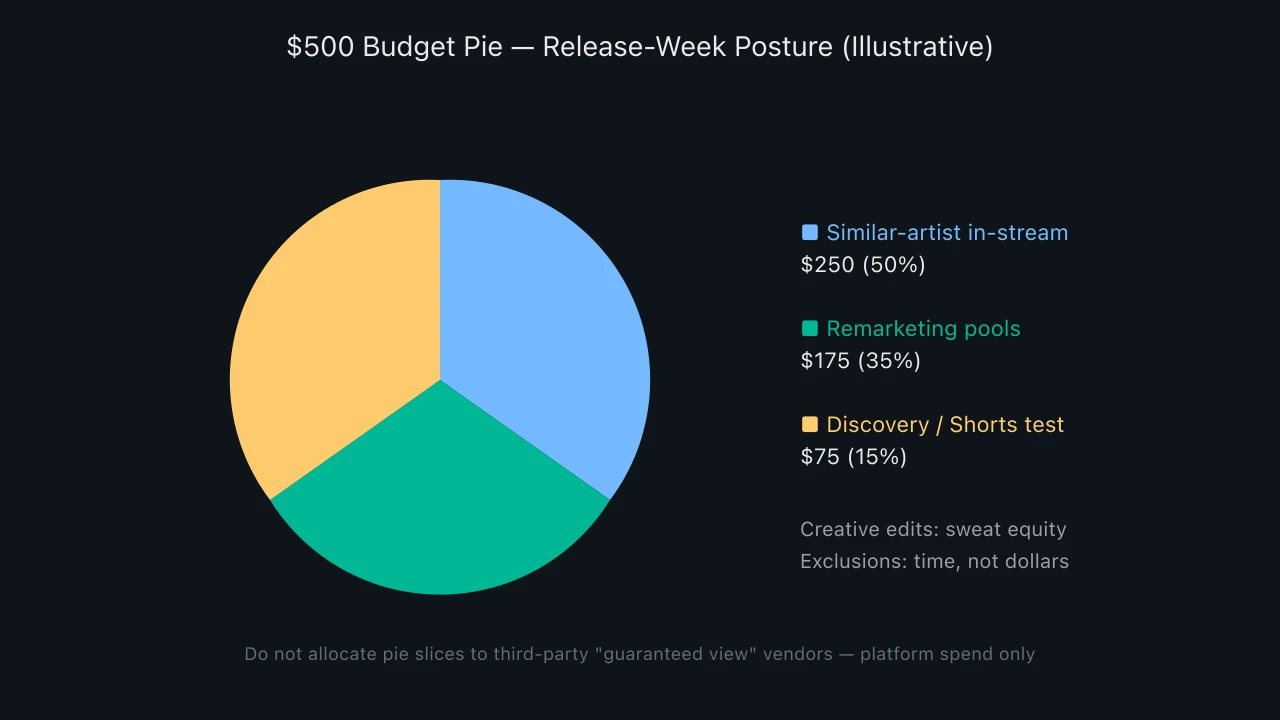 Pie chart showing illustrative allocation of a five hundred dollar YouTube music video promotion budget across media spend, creative testing reserve, measurement tools, and contingency