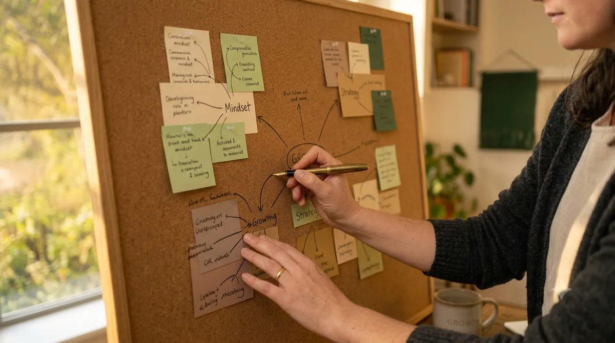 A close-up of a branching digital mind map on a tablet screen, generated using ai for mind mapping to break through a creative block