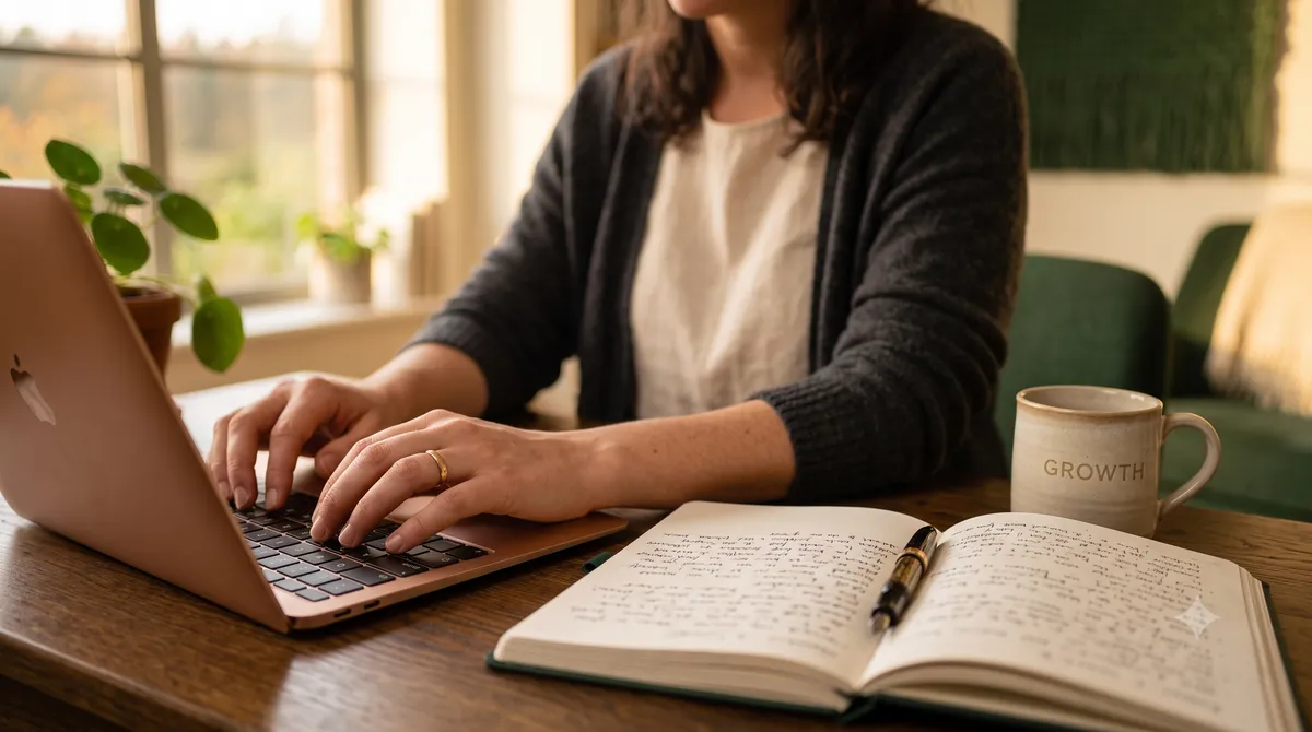 A person using one of several ai tools for self improvement on a laptop at a warm wooden desk, journal open beside it