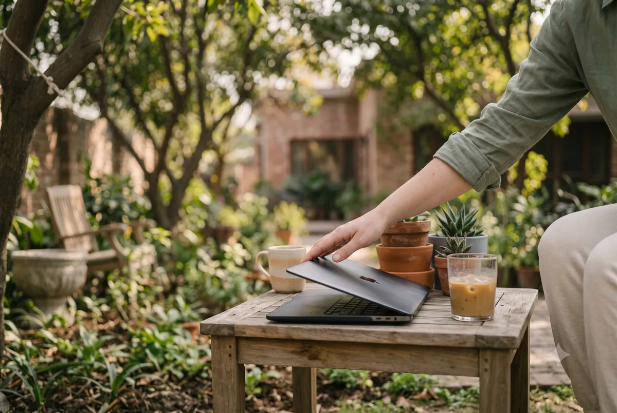 Person working calmly at a home desk in the late morning with a written async schedule pinned beside a quiet, notification-free laptop