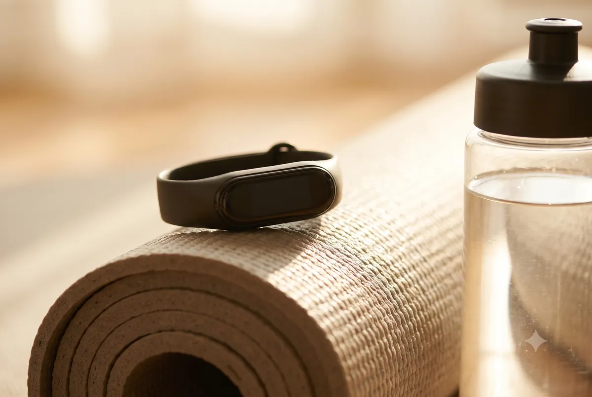 Close-up of a wrist-worn fitness tracker showing a resting heart rate and recovery score on a bedside table in soft morning light
