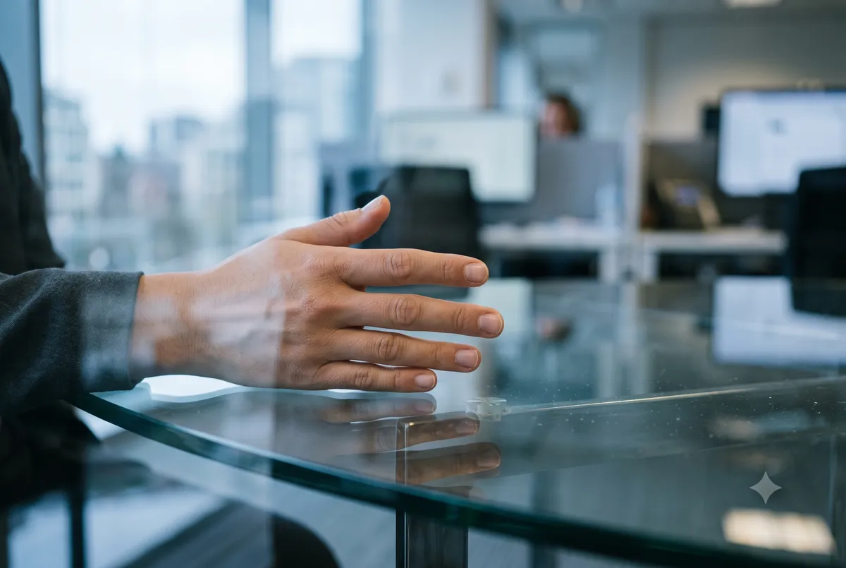Two people mid-conversation at a kitchen table, one speaking calmly with an open hand gesture demonstrating calm assertiveness