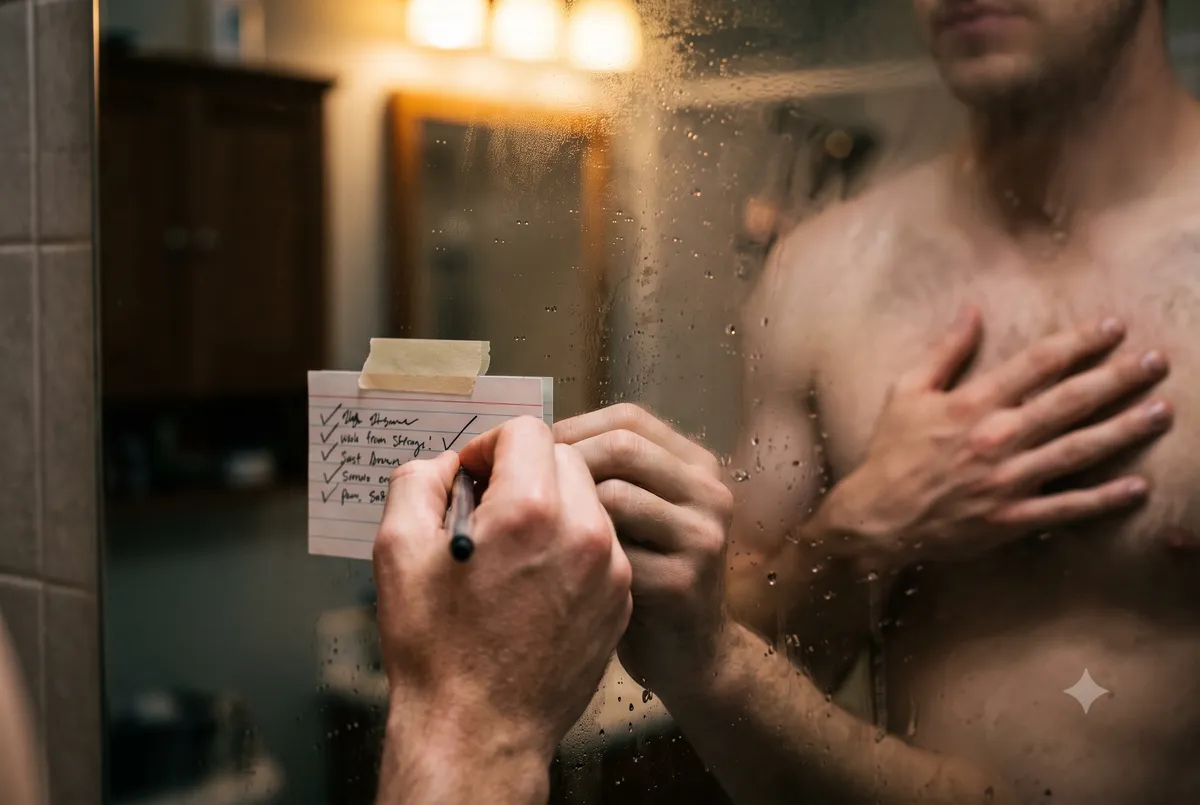 Close-up of a hand writing in a journal during a morning emotional fitness routine exercise, cup of tea beside it