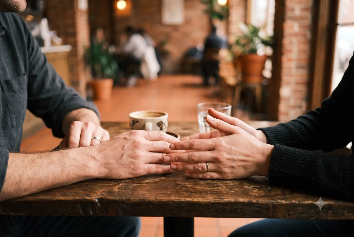 Two people sitting across a cafe table in genuine conversation, one leaning in and nodding while practicing emotional literacy tools like active reflection