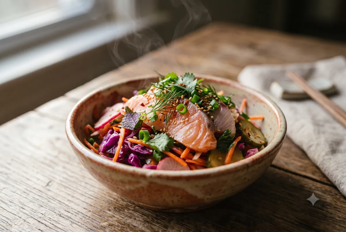 Close-up of a colorful bowl of fermented vegetables, fatty fish, and leafy greens prepared as part of a gut brain connection diet