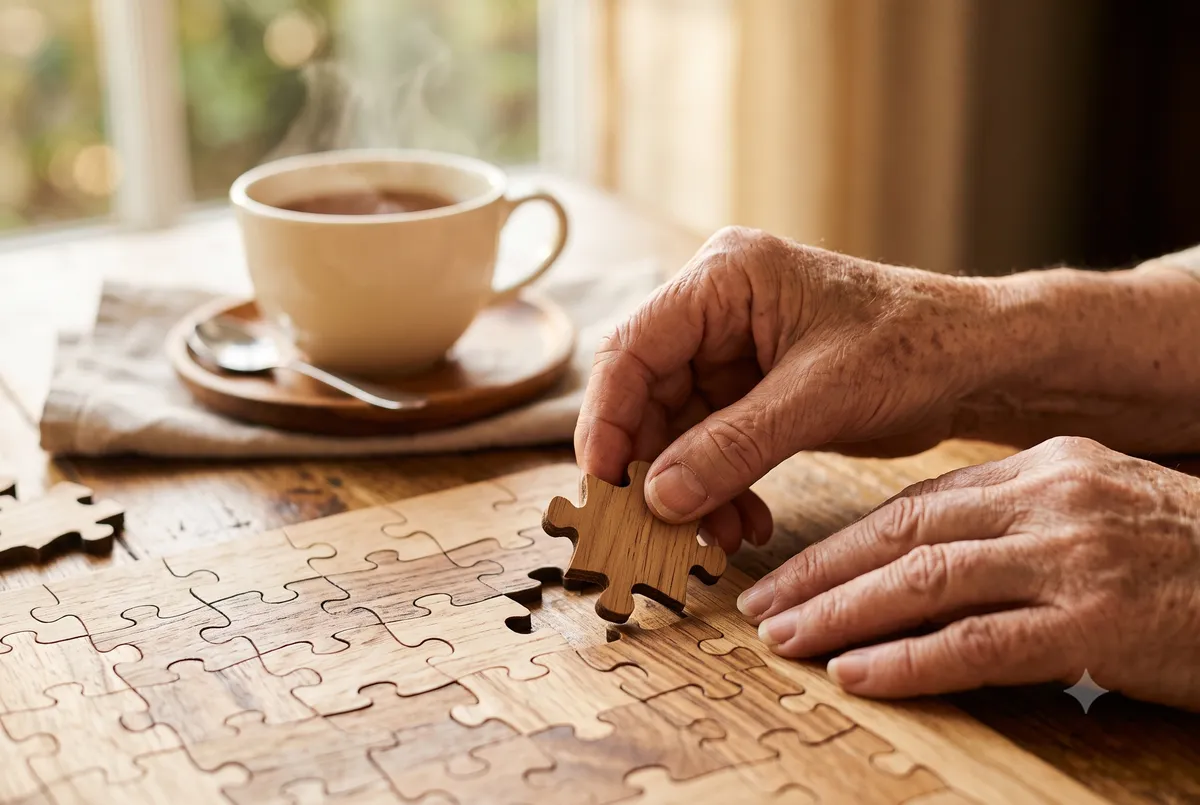 Close-up of an older adult's hands assembling a puzzle at a sunlit table as part of a lifespan brain health cognitive routine