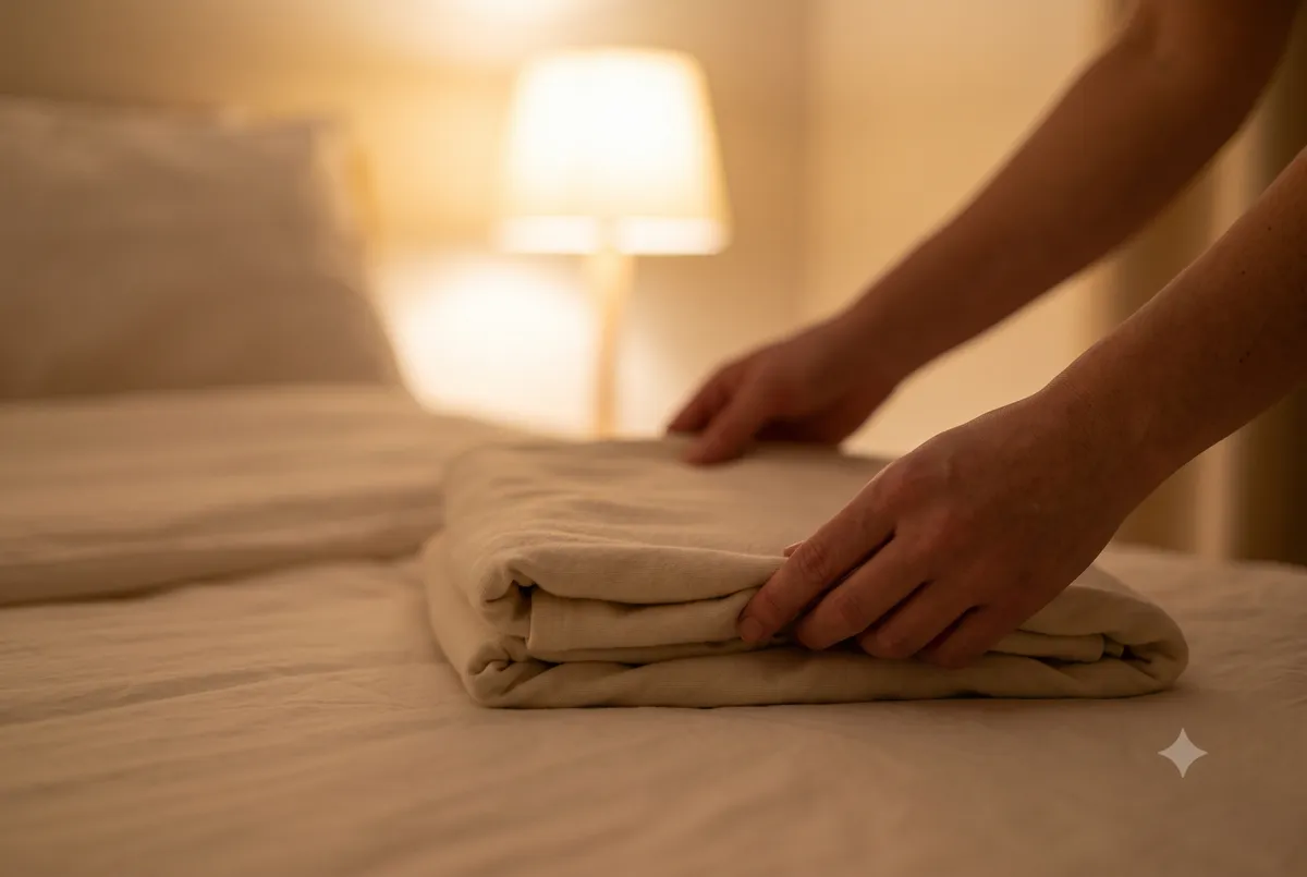 Close-up of hands folding warm laundry by lamplight in the evening, a phone left in another room during a low dopamine wind-down