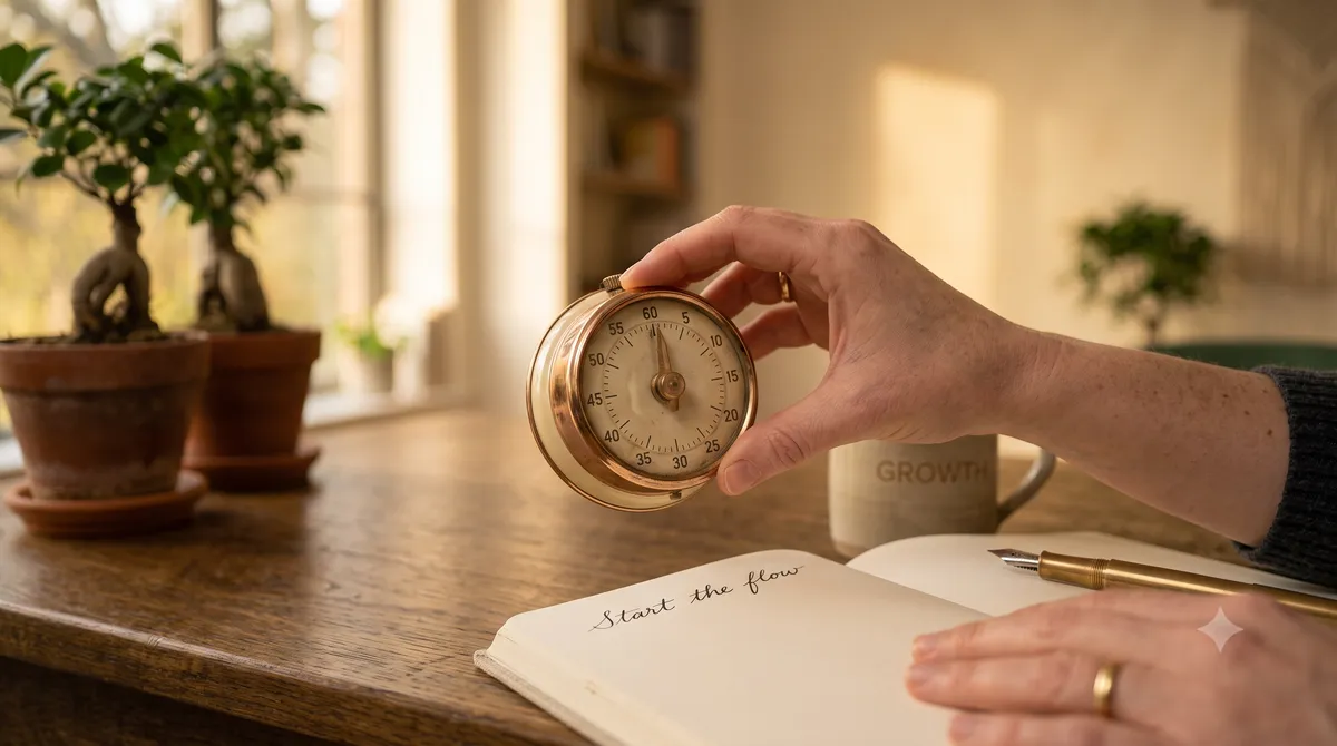 Close-up of a hand setting a phone timer to 30 seconds before starting a small task to beat procrastination