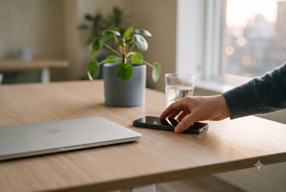 A person's hand placing a smartphone face-down on a desk next to a closed laptop, marking the start of a micro habit for digital fatigue between work blocks