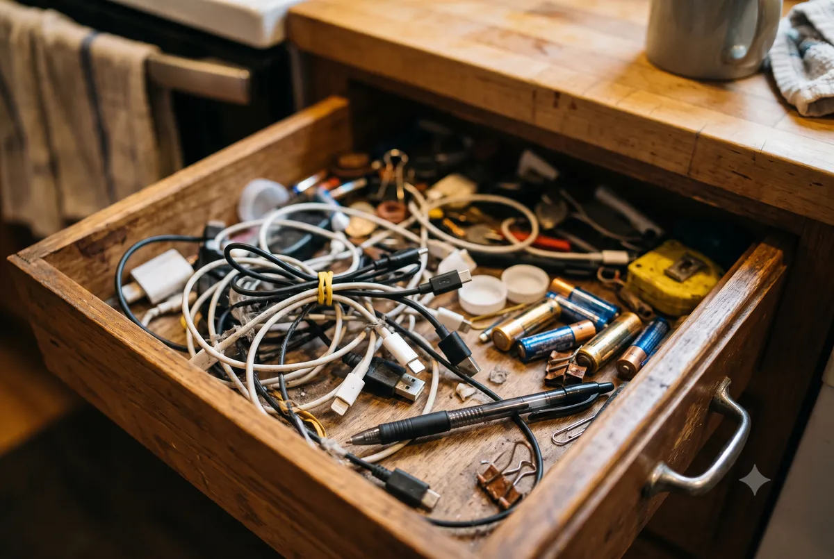 Close-up of a cluttered nightstand with a phone charger cord tangled and an alarm clock, illustrating a small daily micro stress element