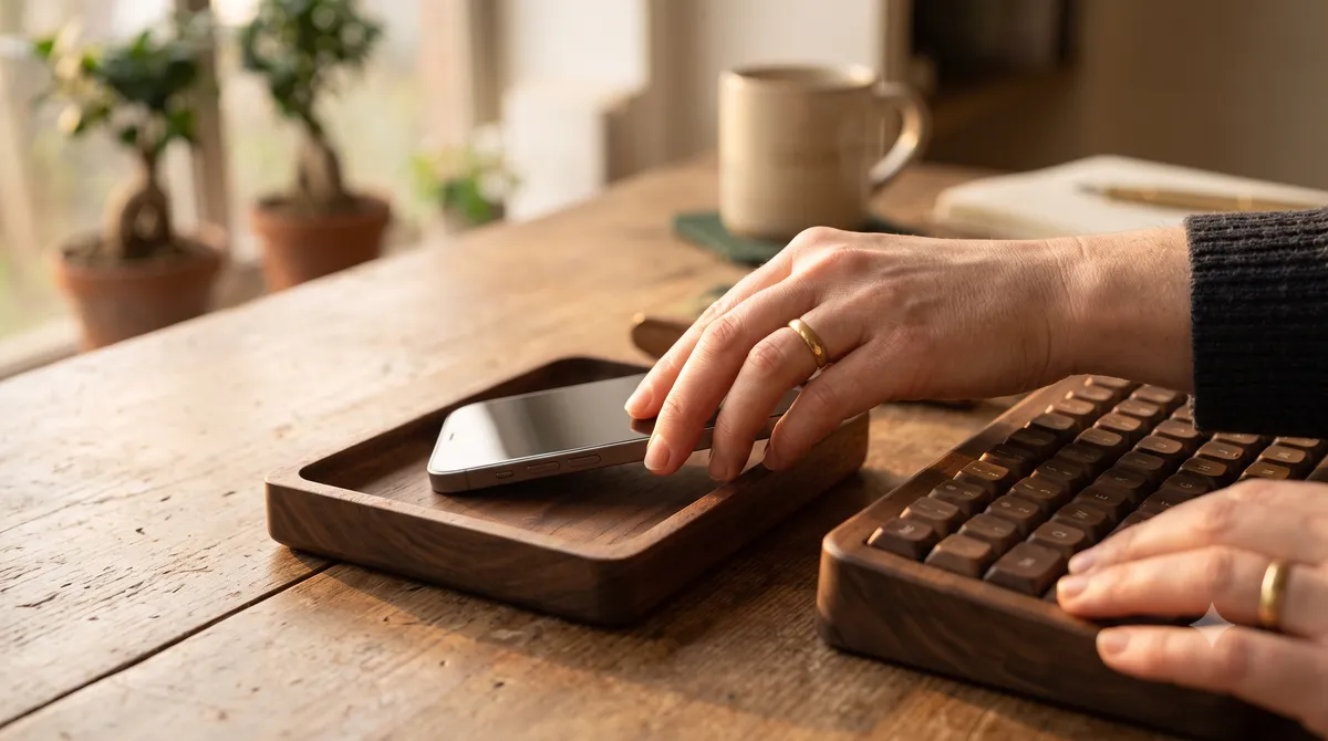 Overhead view of a desk with a single notebook, phone face down, and one open laptop representing a minimal mindful tech stack