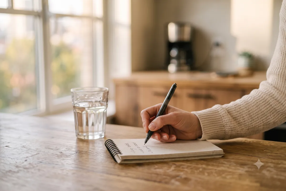 A professional standing by a sunlit window with a glass of water and a small notebook, pausing for a 10-minute reset before checking any devices