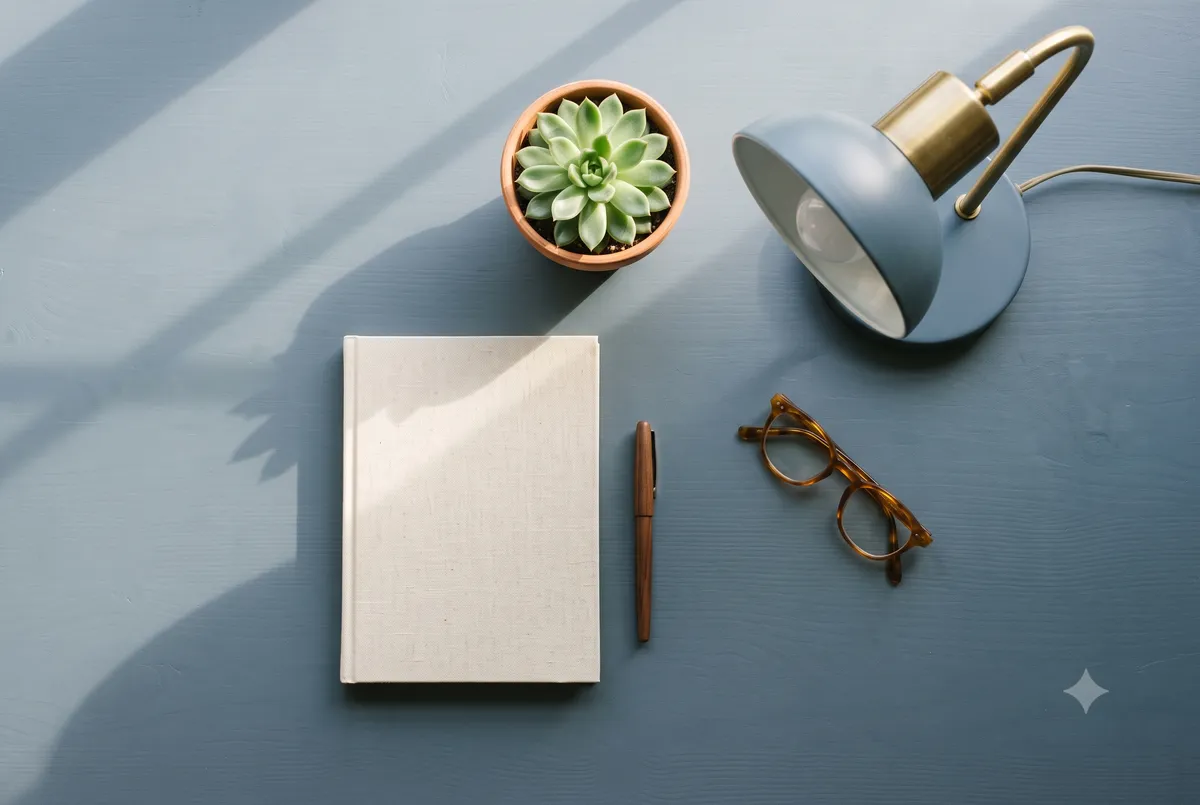 Overhead detail shot of a neuro regulated workspace desk corner with warm lamp light, a plant, and a closed laptop lid