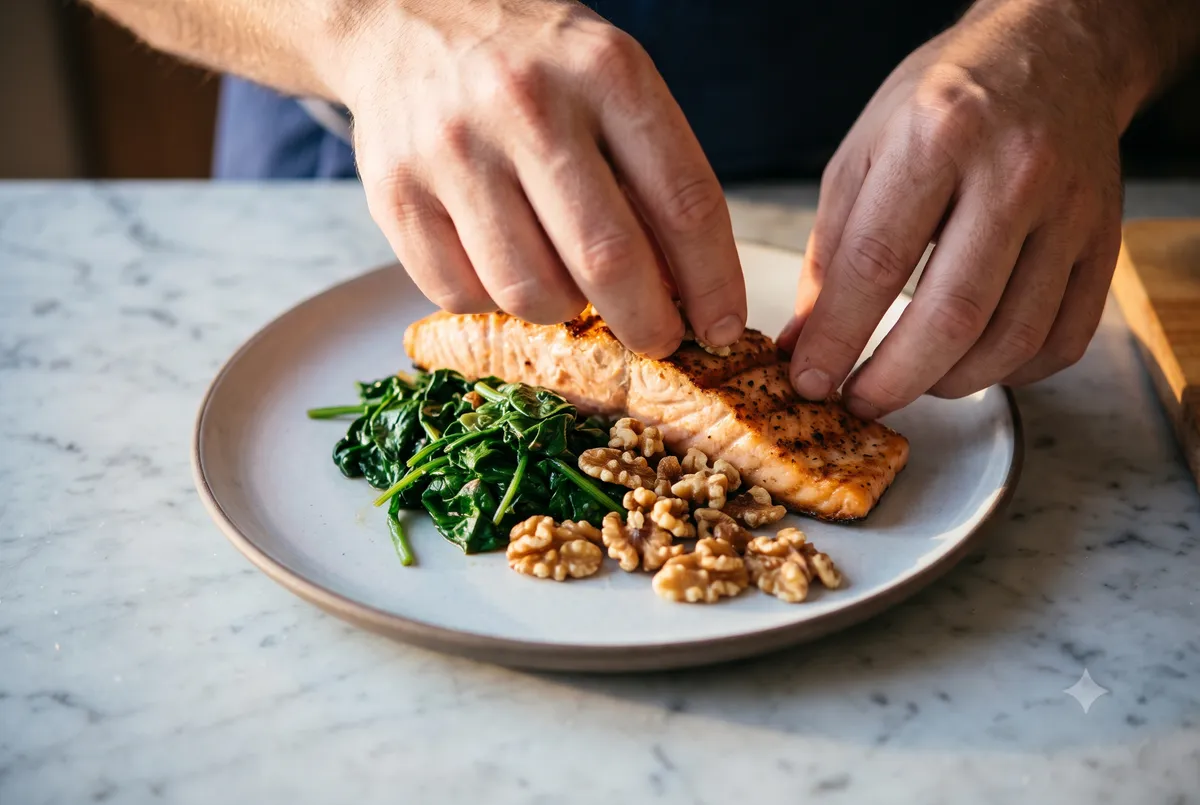 Overhead close-up of a plate being assembled with salmon, leafy greens, and walnuts as part of a brain-focused precision nutrition blueprint meal