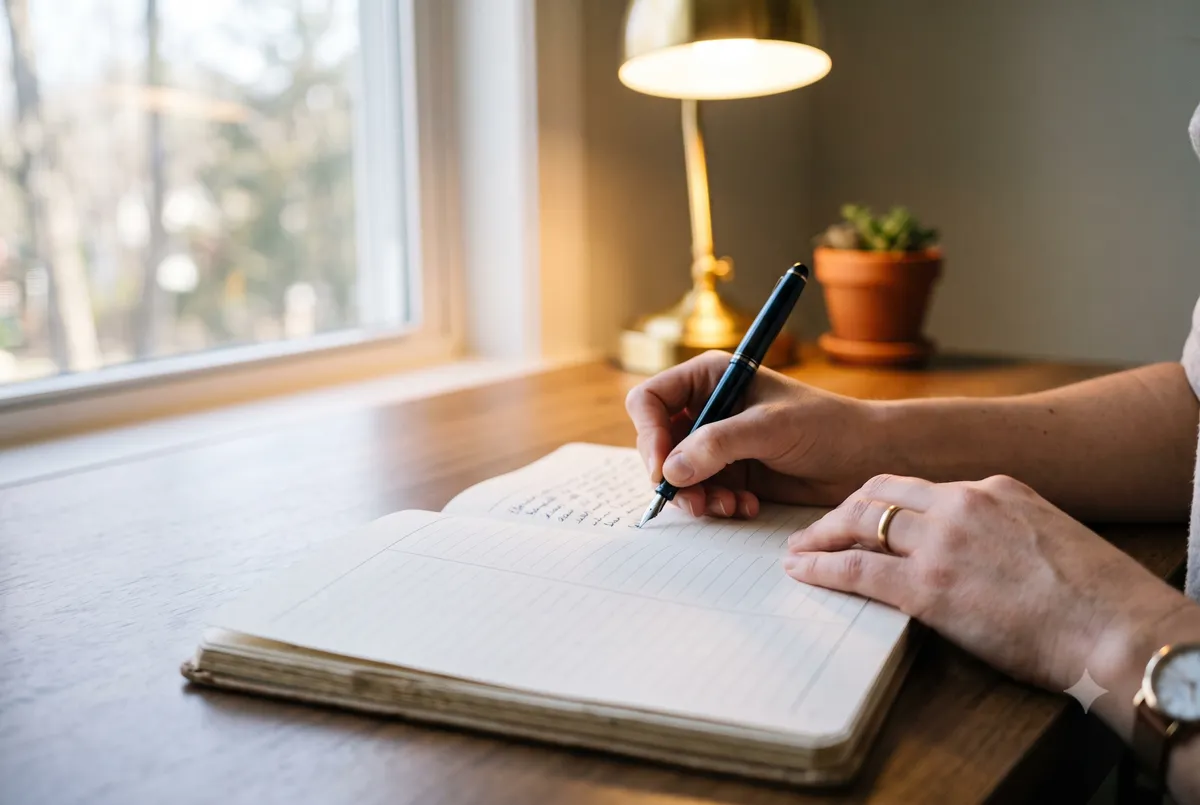 Close-up of a hand writing in an open notebook using a reflective journaling framework, with a warm cup of tea and soft morning light on a wooden desk