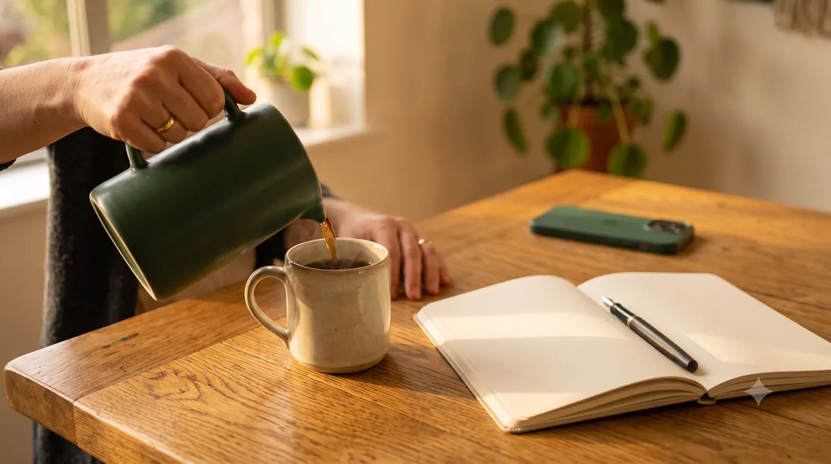 Close-up of hands pouring coffee and opening a paper notebook during a screen free morning routine, phone left face-down in the background