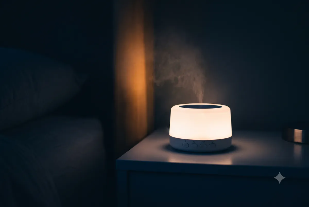 Close-up of a bedside table at night with a dimmed warm lamp, a paper book, and a phone left face-down instead of a sleep tracking device