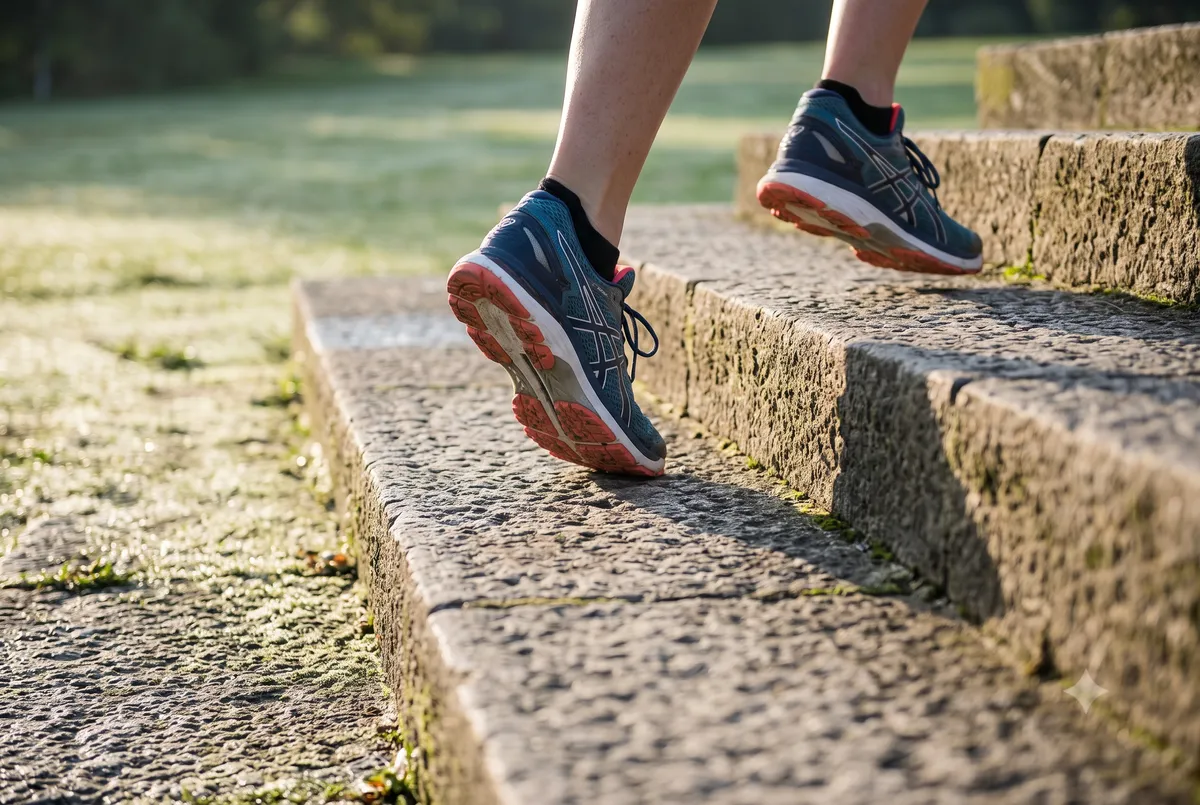 Close-up of a woman lacing up running shoes on her apartment floor at dawn, part of a home-based sustainable fitness mindset routine