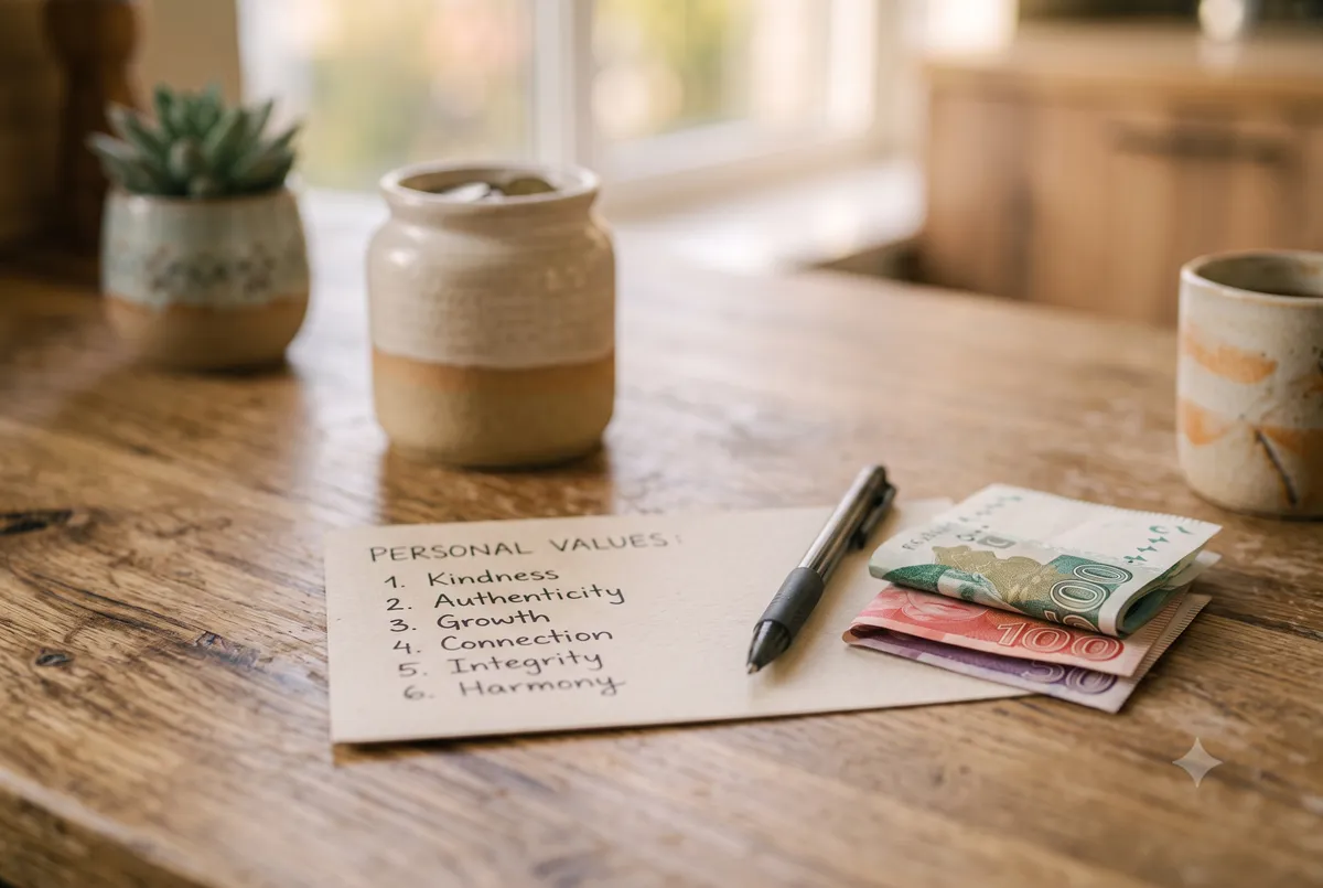 Close-up of a handwritten list of personal values next to a simple monthly budget notebook and a cup of coffee