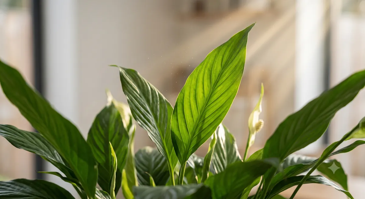 A close-up shot of green leaves of a peace lily plant catching soft morning sunbeams