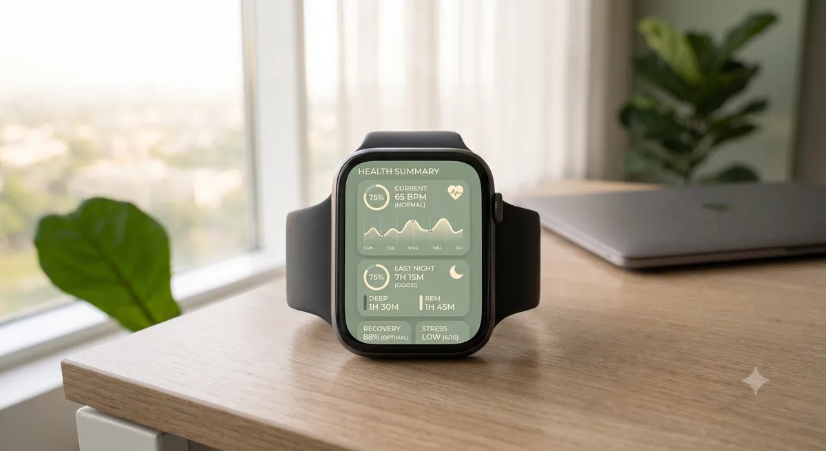 A smart watch displaying activity tracking metrics representing schedule audits