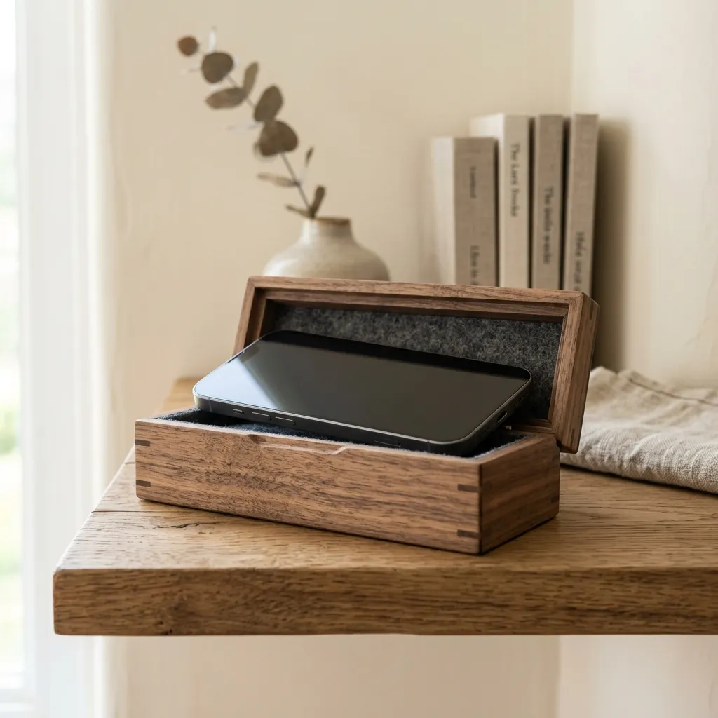 A smartphone resting inside a small wooden box on a shelf representing digital detox