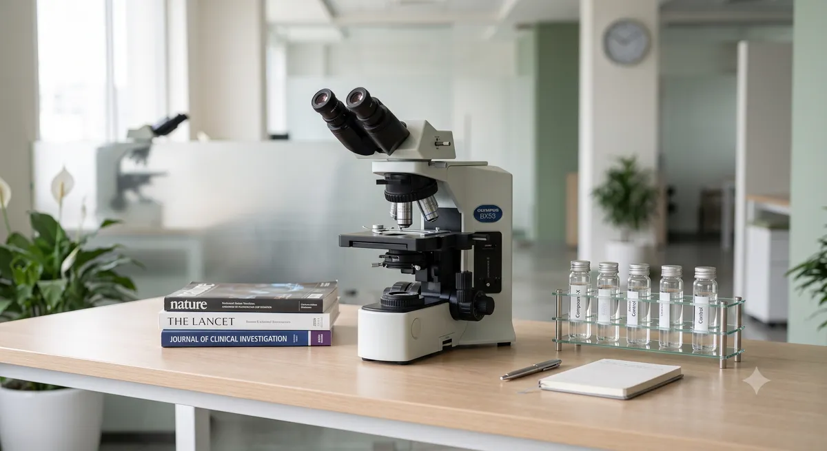 A clean modern medical lab workspace representing scientific stress research