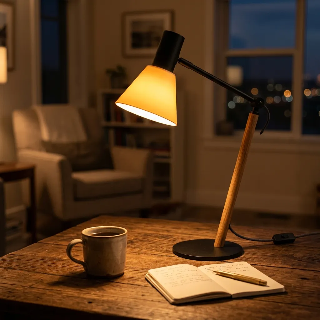 A modern desk lamp emitting warm amber light on a wooden table