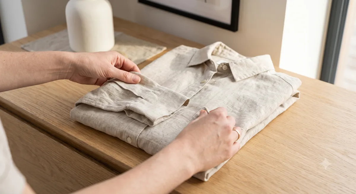 A person folding a soft beige shirt representing physical decluttering