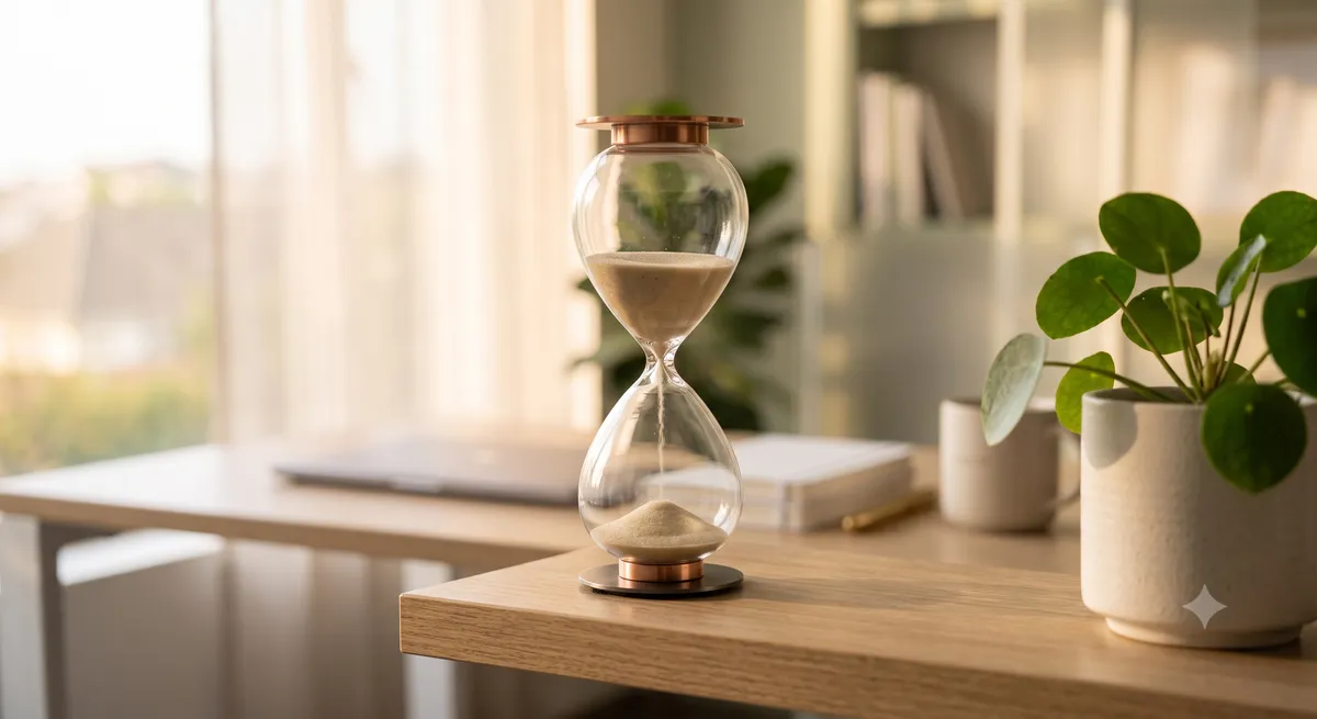 A modern hourglass next to a green plant representing time management and deep work rules
