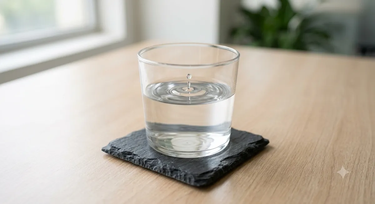 A minimalist glass of water with concentric rings representing calm and clarity under pressure