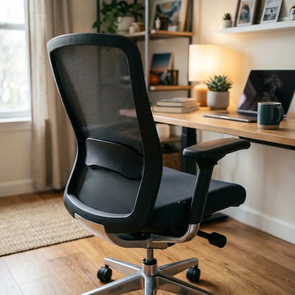 A modern ergonomic office chair with a lumbar support pad