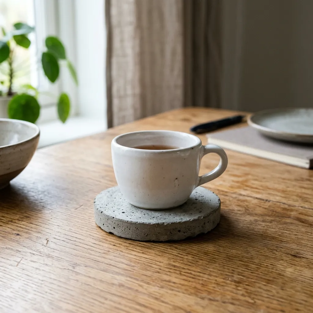 A minimalist cup on a concrete coaster on a wooden table representing a quiet space