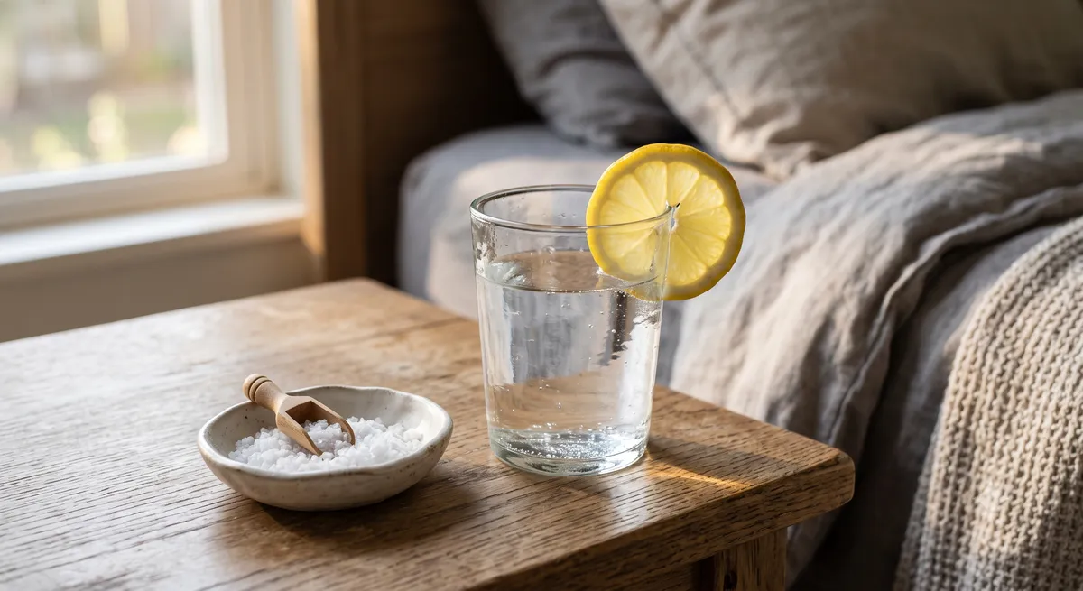 A glass of clean water with a fresh lemon slice next to a dish of sea salt on a wooden table