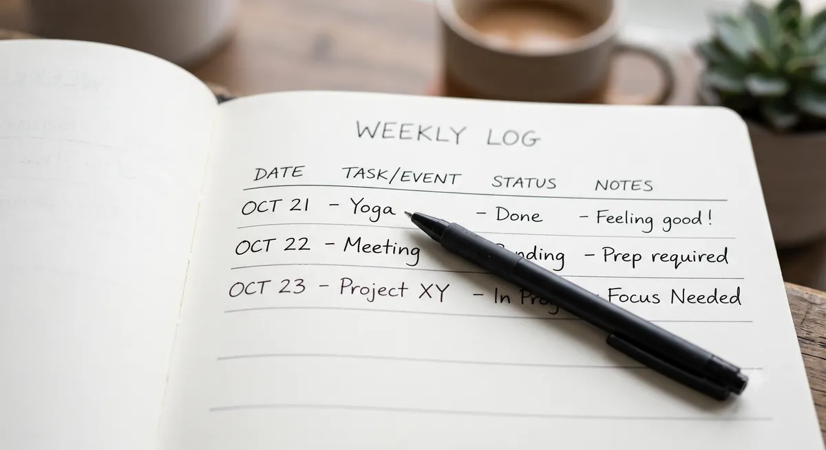 A pen resting on an open journal showing a handwritten tracking table