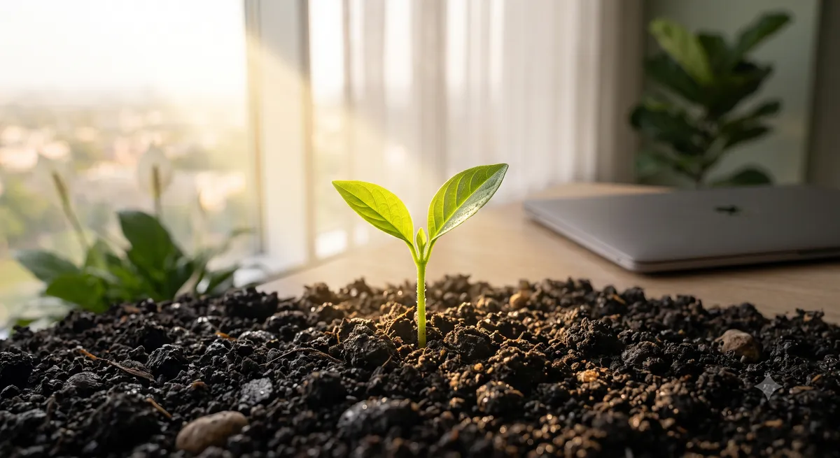 A single green seedling sprouting representing compounding growth