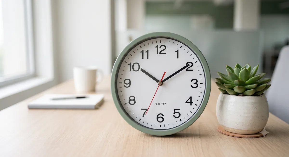 A minimalist analog desk clock showing exactly ten minutes past ten on a clean workspace