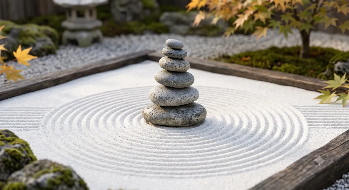 A calming zen garden setup with smooth river stones and raked sand for stress recovery