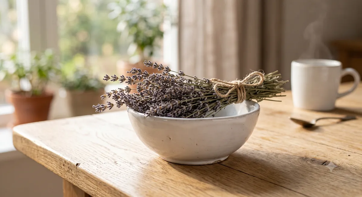A close-up shot of dried lavender sprigs next to a bed