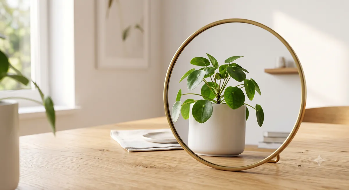 A small round mirror reflecting a green plant on a clean wooden table