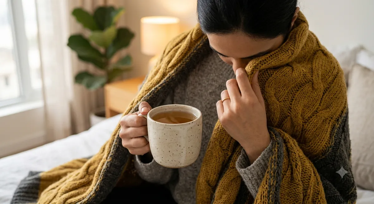 A person wrapping a warm blanket around their shoulders holding a cup of tea