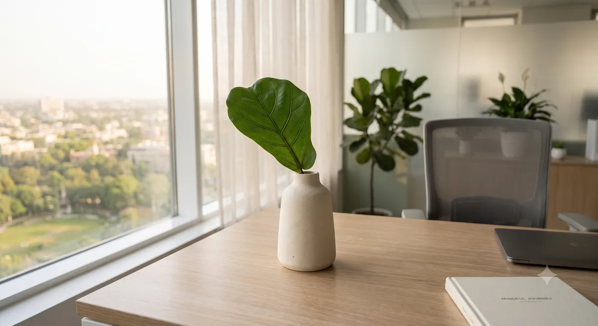 A minimalist ceramic vase with a single green leaf on a clean wooden desk representing mental clarity