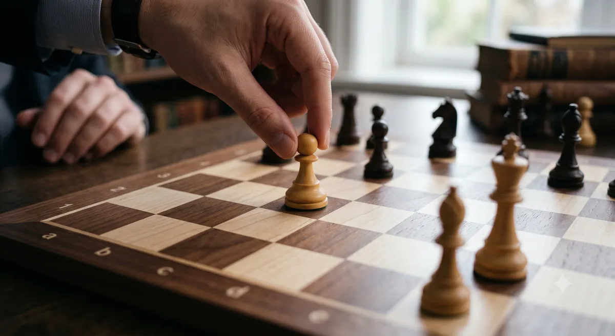 A close-up shot of a white chess pawn moving forward representing active execution
